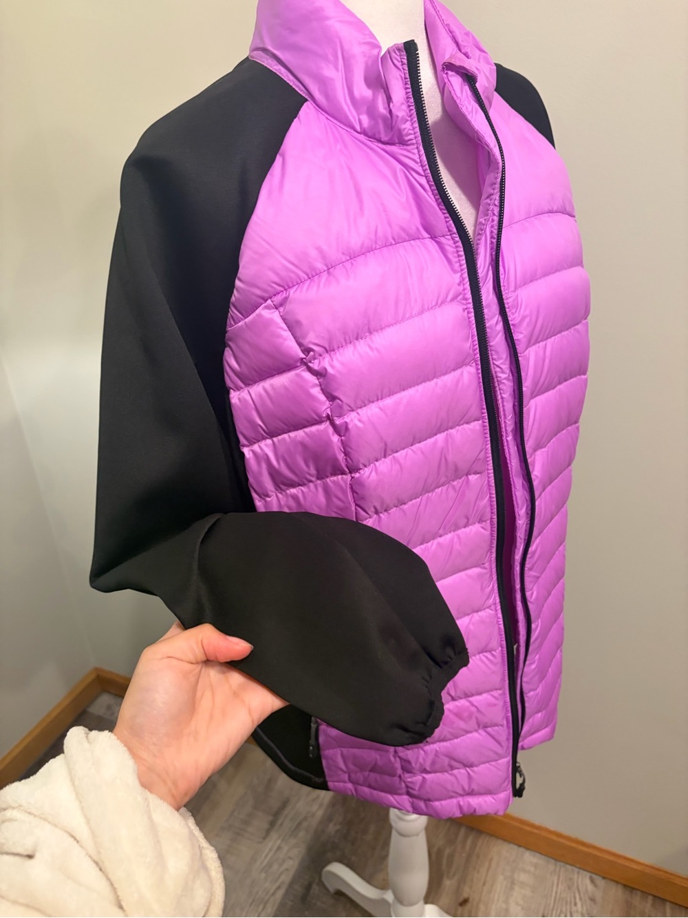 Weatherproof Purple Quilted Puffer Jacket with Black Sleeves